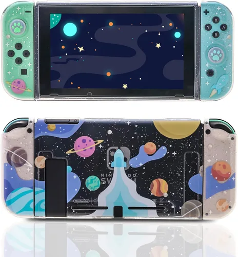 Vista 7 de ECHZOVE Bonita funda para interruptor con purpurina y flores de cerezo – Funda protectora transparente acoplable con protector de pantalla y agarres