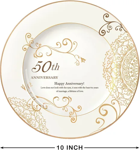 Vista 6 de PuGez Regalos de boda de 50 aniversario para parejas, padres y abuelos, 50 regalos dorados para matrimonio, plato de recuerdo de porcelana dorada