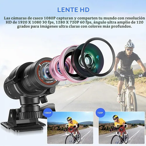 Vista 2 de Cámara de casco de motocicleta 1080P, 120 cámara de acción deportiva gran angular, micrófono integrado con soporte y correa para casco