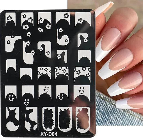 Vista 6 de Juego de 6 plantillas de estampado de uñas con líneas francesas, flores, hojas, diseño de corazón sonriente, kits de estampación, herramientas