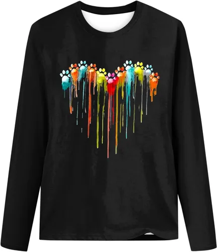 Vista 4 de Dog Paw Love Heart Print T-Shirt for Women Long Sleeve Cute Graphic Tees Tops Crewneck Shirts