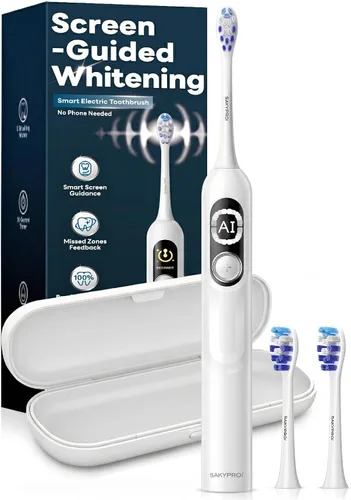 Vista 10 de SAKYPRORAL Cepillo de dientes eléctrico AI Sonic para adultos con puntuación de cepillado y pantalla de temporizador inteligente, seguimiento de 6