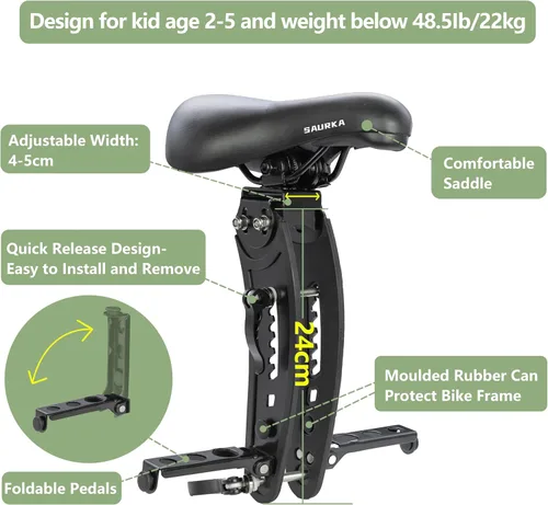Vista 3 de Kid Bike Seat Front Mounted and Handlebar for Mountain Bike Parent-Child Cycling, Child Bicycle Seat&Child Handlebar for All Adult MTB Bike