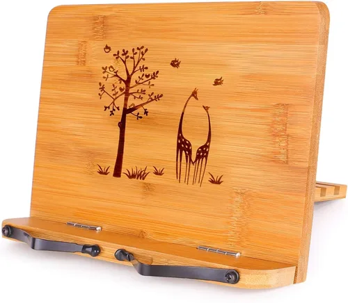Vista 13 de MEGREZ Soporte de bambú para libros de 13.2 x 9.4 pulgadas, soporte plegable para libros de cocina con 6 alturas ajustables, soporte para libros