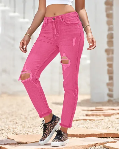 Vista 4 de GRAPENT Jeans casuales de cintura alta para mujer, rasgados, elásticos y cónicos