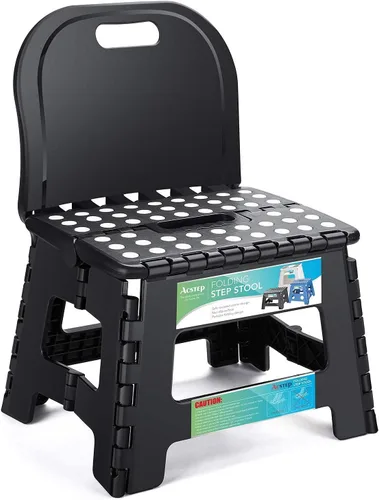 Vista 2 de ACSTEP Taburete plegable, incluye taburete extra ancho y resistente y soporte para la espalda, taburete plegable negro