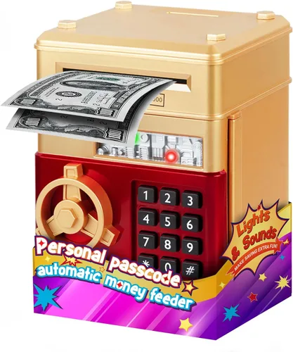 Vista 13 de Refasy Alcancía para dinero en efectivo, cajero automático, banco electrónico de monedas para niños de 3 a 12 años, caja de ahorro de dinero, mini