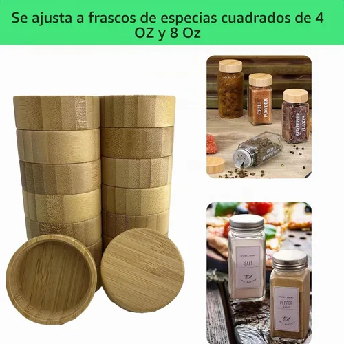 Vista 5 de 16 tapas de bambú para frascos de especias, se adaptan a recipientes cuadrados, tapas de sellado de botellas de condimento que se ajustan solo a 4