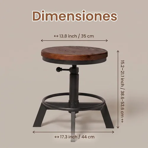 Vista 3 de Juego de 2 taburetes de bar industriales, taburete corto, asiento giratorio de madera, sillas de isla de cocina, altura ajustable, 15.2-21 pulgadas