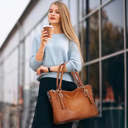 Vista 2 de HESHE - Carteras y bolsos de cuero genuino para mujer, bolso de mano, bolso de hombro, bolso de asa superior, bolso cruzado, bolso tipo morral Beige