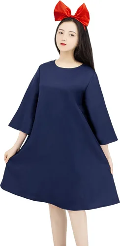 Vista 5 de Anime Cosplay Disfraz para Bruja Kikis Vestido con Bolsa Manga Media Ropa de Mujer Azul Oscuro S-L