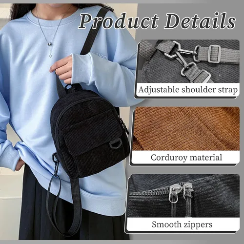 Vista 2 de Mochilas de moda para mujer, mochila de pana para mujer, mochila portátil, mochila pequeña, Marrón, Moda