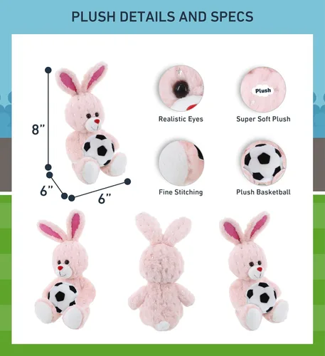 Vista 3 de DolliBu Animal de peluche de conejo de oro rosa con pelota de fútbol, conejo suave para abrazar, adorable juguete de peluche de oveja para jugar
