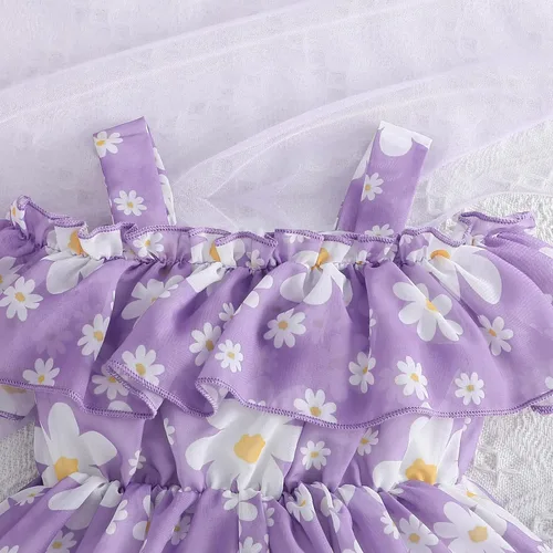 Vista 4 de Vestido de verano para niñas pequeñas, vestido de princesa de gasa, vestido de tutú floral, ropa de playa con tirantes, falda de verano para niña