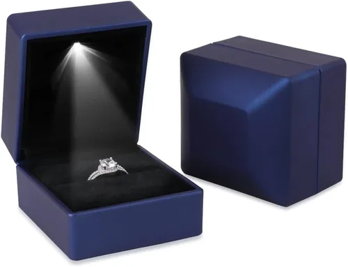 Vista 2 de iSuperb 2 cajas de anillos LED iluminadas, para propuestas, compromisos, bodas, regalos (paquete de 2 unidades, azul marino)