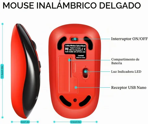 Vista 6 de Leadsail Ratón USB delgado inalámbrico, clic silencioso 3 niveles, 4 botones ratón portátil para Windows Mac PC Notebook Rojo