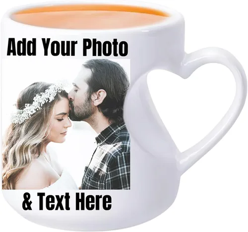 Vista 7 de Tazas personalizadas de porcelana con texto e imagen para parejas (corazón regular)