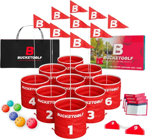 Vista 8 de bucketgolf Paquete de 9 Hoyos – Juego de Golf al Aire Libre para Todas las Edades. Adultos, Niños, Familia. Juega en Cualquier Lugar: Patios, Playa