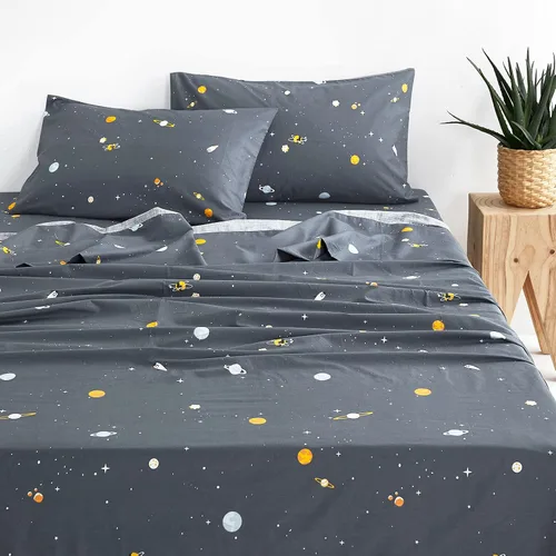Vista 9 de Wake In Cloud - Sábanas espaciales para niños, 100% algodón, juego de sábanas de 4 piezas para niños, Galaxy Celestial Stars Rockets, Planets, ropa