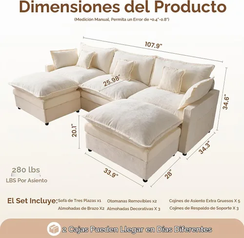 Vista 2 de 108" sofá seccional modular de gran tamaño en forma de U con el otomano Beige
