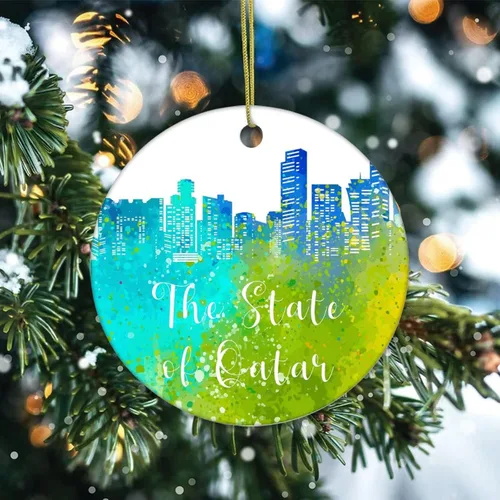 Vista 2 de Adorno navideño de cerámica impreso en dos caras del Estado de Qatar, novedad para familiares, amigos y niños, colgantes de recuerdo de Navidad