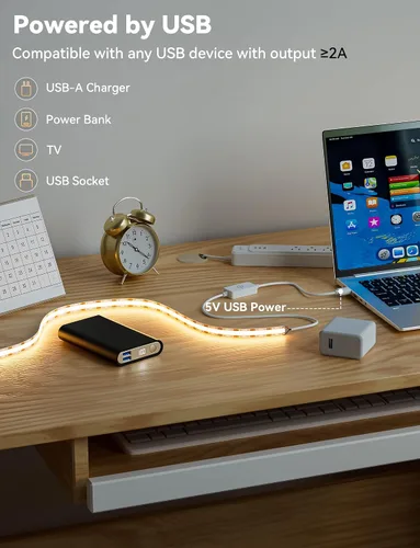 Vista 4 de MIWISE Tira de luces LED USB 5V, tira de luz LED COB súper brillante de 2700K blanco cálido con interruptor regulador táctil, cinta de luz regulable