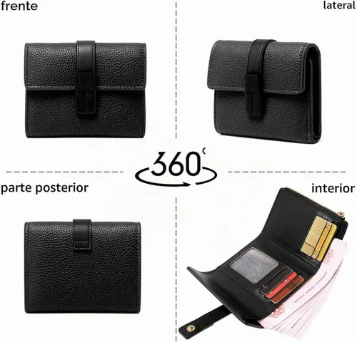 Vista 6 de AOXONEL Billetera pequeña de cuero para mujer, carteras Rfid para mujer, billetera triple plegable, compacta con ranuras para tarjetas y bolsillo