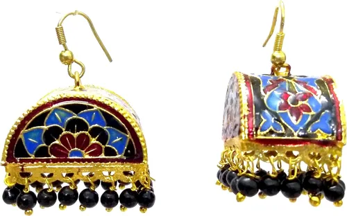 Vista 2 de Meenakari Minakari Pintura esmaltada dorada hecha a mano pendiente Bali Jhumki Jhumka Joyería étnica gota colgante candelabro ni-322, Metal, No es