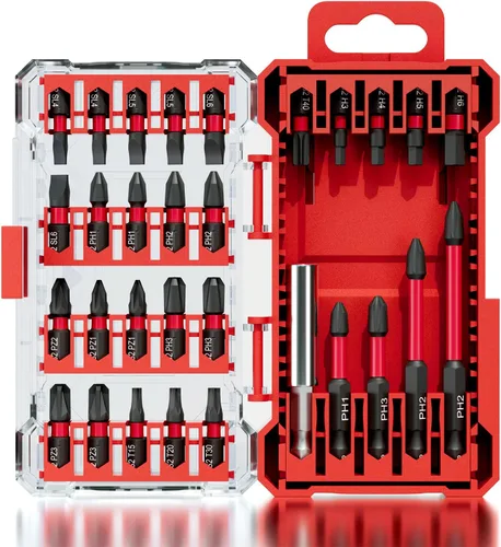 Vista 10 de Juego de 35 piezas de brocas de impacto y puntas de destornillador con estuche de almacenamiento, 28 puntas de destornillador magnéticas, 3 brocas