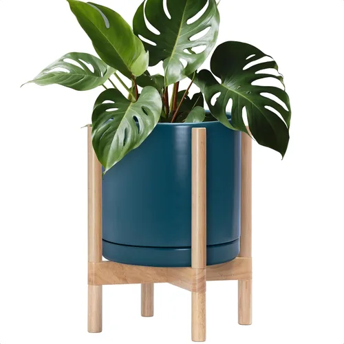 Vista 93 de D'vine Dev Maceta de cerámica con soporte de ébano – Maceta redonda moderna de 8 pulgadas con soporte para maceta de madera, color negro, 55-B-M-2