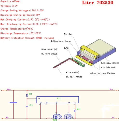 Vista 2 de Liter energy battery batería recargable 702530 del polímero de iones de litio de la batería 600mAh de 3.7V Lipo con dos líneas
