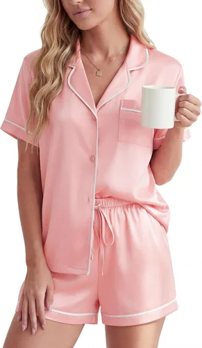 Vista 9 de LYANER Pijama de satén para mujer de seda de 2 piezas de pijama de manga corta con botones Azul brillante