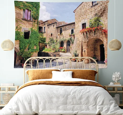 Vista 5 de Lunarable Tapiz de la Toscana, calles italianas en el campo, casas de ladrillo tradicionales con estampados antiguos toscanos, decoración de tela