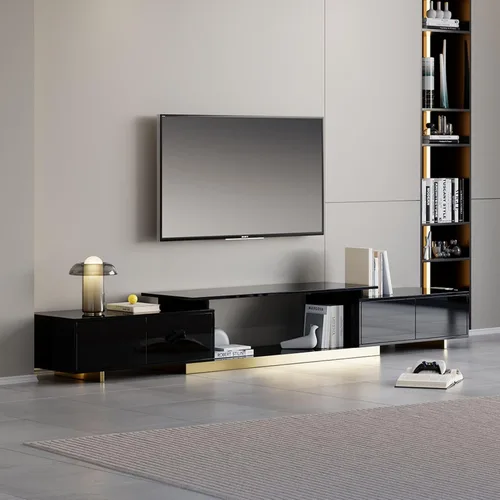 Vista 8 de homary Soporte de TV extensible, centro de entretenimiento moderno con cajones, consola multimedia de longitud ajustable para sala de estar y Negro