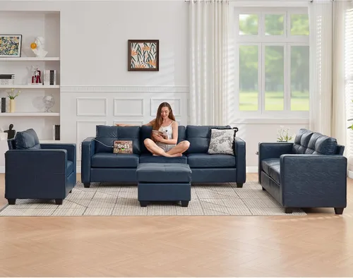 Vista 9 de Sofá seccional de cuero sintético negro, juego de sofá de 3 piezas para TYBOATLE Sofá modular convertible de cuero, cómodo mueble de 3 piezas