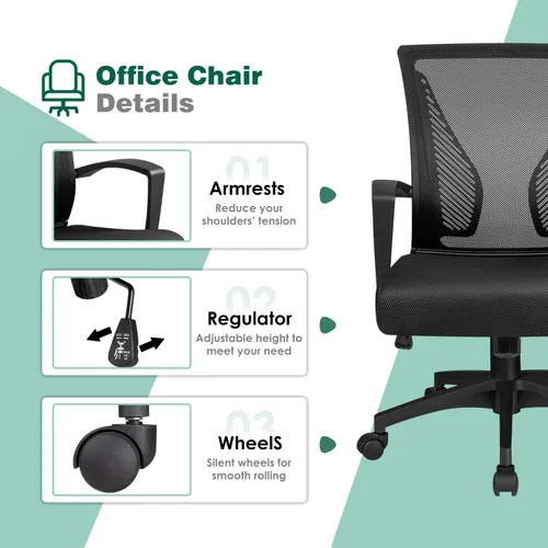 Vista 6 de Tuoze Silla ergonómica de malla con respaldo medio para oficina, silla giratoria de escritorio, soporte lumbar, silla de computadora
