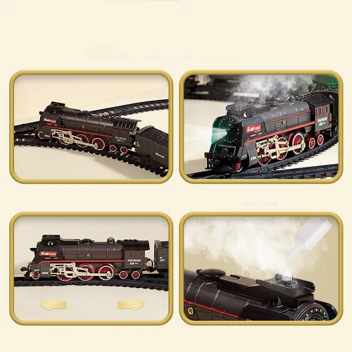 Vista 5 de Juguete de tren eléctrico con humo, luces y sonido, juego de tren para debajo del árbol de Navidad, modelo de tren de locomotora con pista, regalos