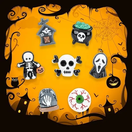 Vista 4 de Dijes de decoración de zapatos de Halloween para Crock, paquete de 32 dijes de resina para zapatos de zuecos y sandalias, pulseras, accesorios