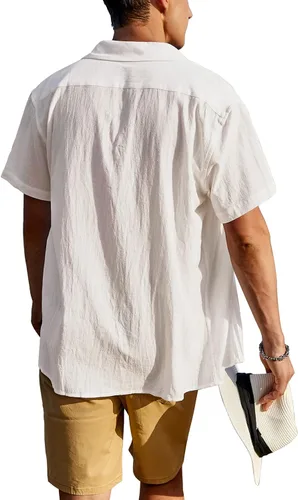 Vista 3 de COOFANDY Camisas de lino de algodón para hombre, ajuste relajado, manga corta, camisa con botones, plisada, guayabera