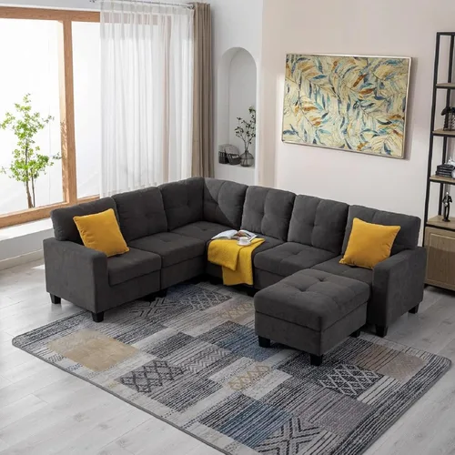 Vista 3 de Aeffze - Sofá modular modular con otomana de almacenamiento, sofá de tela de terciopelo en forma de L de 6 plazas, sofá esquinero moderno
