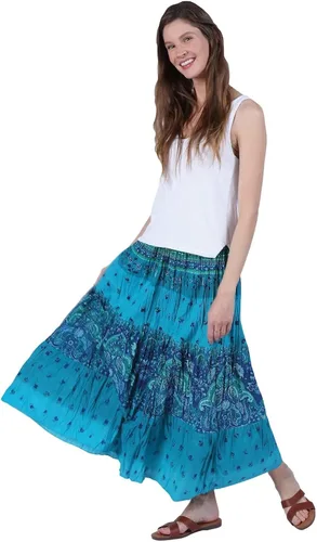 Vista 2 de CATALOG CLASSICS Falda campesina para mujer, faldas bohemias para mujer, falda larga escalonada, Azul Patchwork