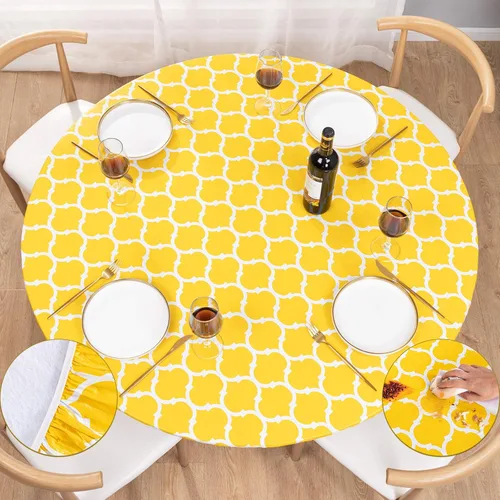 Vista 13 de UMINEUX - Mantel redondo de vinilo ajustable con bordes elásticos y reverso de franela, funda de mesa redonda impermeable, fácil de limpiar