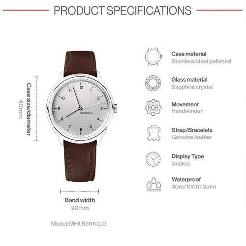 Vista 3 de Mondaine Helvetica - Reloj de pulsera para hombre (modelo MH1.R3610.LG) hecho en Suiza, correa de cuero marrón, caja de acero inoxidable plateado
