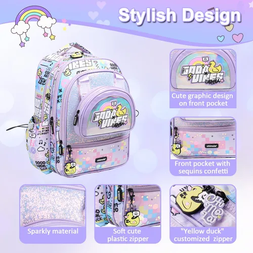 Vista 4 de Mochila de 16 pulgadas para niñas preescolar, jardín de infantes, escuela primaria, mochila escolar púrpura con múltiples bolsillos, ligera, Kawaii