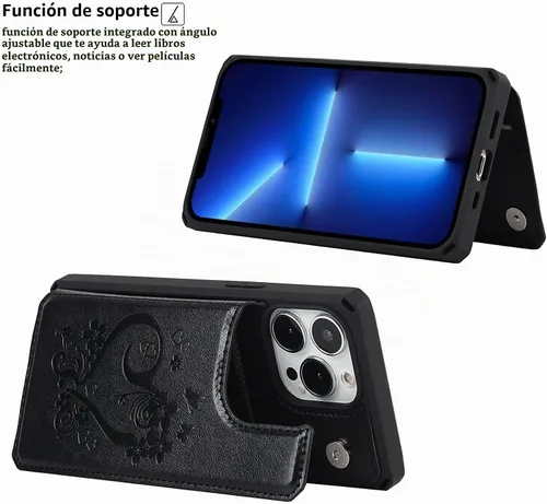 Vista 6 de iCoverCase Funda de billetera compatible con iPhone 13 Pro Max con tarjetero para mujer, cuero PU en relieve con bloqueo RFID y correa de muñeca