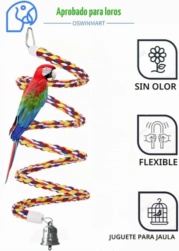 Vista 2 de Perchas de cuerda para pájaros de 63 pulgadas, juguetes de columpio 100% algodón natural para pájaros/masticar con campanas vintage para escalada