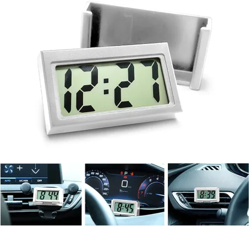 Vista 8 de Osilly Mini reloj digital para tablero de instrumentos del automóvil, funciona con pilas y pantalla LCD transparente, reloj digital pequeño con Negro