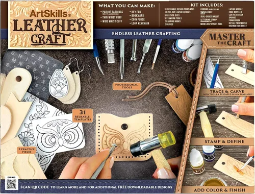 Vista 3 de Kit de trabajo de cuero ArtSkills para principiantes con herramientas de cuero, tintes y sellos - Kit de arte y manualidades para adultos