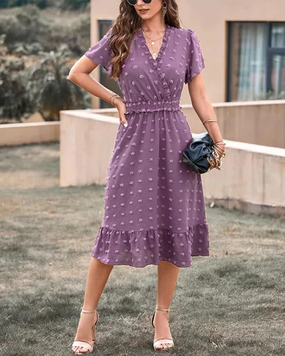 Vista 3 de BTFBM Elegantes vestidos de verano de manga corta con cuello en V y lunares suizos para mujer, vestidos largos bohemios con volantes 2023, vestido