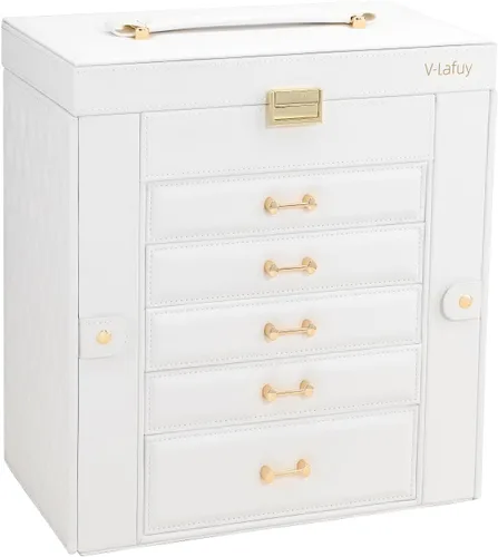 Vista 7 de V-LAFUY Joyero grande para mujer, organizador y almacenamiento de joyas, caja de joyería grande con espejo, color blanco